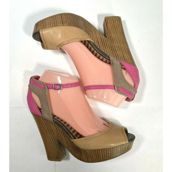 Splendid Nude Pink Platform Sandal Size 7.5 US Ankle Strap Faux Wood Chunky Heel - Picture 5 of 12